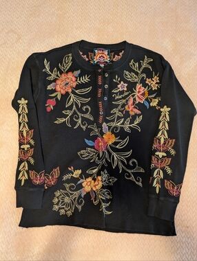 Johnny Was Black Thermal Henley With Floral Embroidery XS